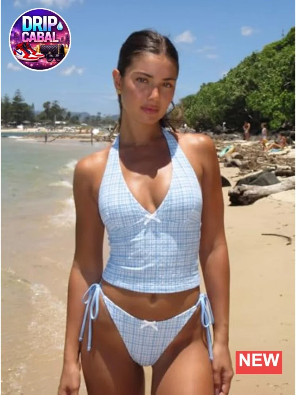 Gingham Halter V Neck Tankini Set with Thong Bottom Swimwear